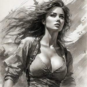 Intricate action film, (((atmosphere of war zone ruins))), portrait of a very beautiful girl, cleavage, bottom-up view, in motion, strong wind, cinematography, raw photography, pencil, oil paint,
Grzegorz Rosiński, Gabriele Dell'otto, pencil sketch,pencil sketch