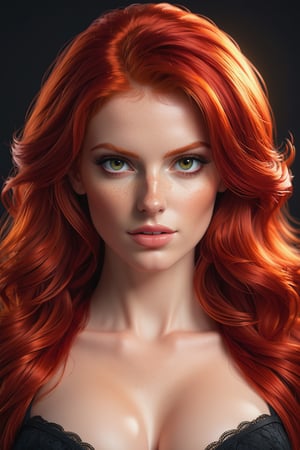 best quality, masterpiece, beautiful and aesthetic, 16K, ( (vibrant color:1.4), (Bright and intense:1.2), beautiful red head, (facing the camera:1.2), medium breast, highly detailed,, realistic, 8k, unreal engine, cinematic,  cinematic lighting, Black background, Studio lighting, professional photography