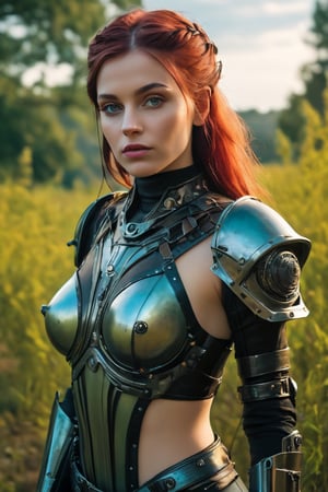 dslr photo of a girl in a fusion of medieval and cyberpunk elements, medium breast, with a mix of technology and nature, (highres, highly detailed:1.2), cinematic lighting, vibrant colors