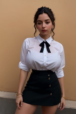 (RAW photo, best quality), (realistic, photo-Realistic:1.1), best quality, masterpiece, beautiful and aesthetic, 16K, head to thigh portrait, white bracelet, white dress shirt, black neck ribbon, black high-waist skirt, a beautiful Spanish girl, ,giant breasts