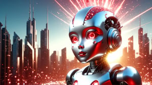 4k, masterpiece, (trendwhore style:1.4), ((abstract cyborg babies)), head and body, stainless steel head, mecha pieces, robot parts, shattered reality, ((bursting light rays), exploding star rays,  red theme. cityscape background, artint, SFW, ,night city,DonMW15pXL,glitter,shiny