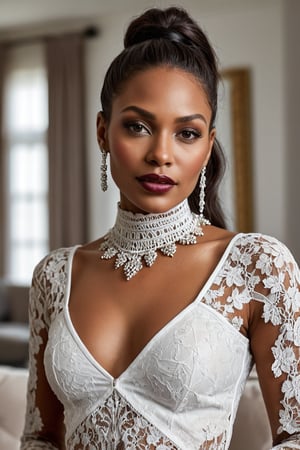 Create a hyper-realistic head to thigh image of a stunning beautiful african woman with deep brown skin, pointed nose, glossy lipstick, long brunette-grey hair, 30 year old mature woman, in a living room, intricate makeup highlighting her sharp features. smirk, high cheekbones, She is wearing a white lace seethrough top, white choker, jewellery, The overall aesthetic is sophisticated and modern, emphasizing her poised and confident demeanor. 8k resolution, Kodak gold 400. long brunette wavy hair,