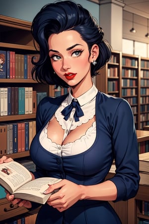 ((upper body portrait)),Photography by Garry Winogrand, a beautiful busty young ((black woman) Wearing Navy Blue Berets,Sporting Victory Rolls Hairdo,Inside a 1950s Public Library: Packed bookshelves,  librarian, chocolate color skin, highly detailed face,red lipstick, (simple background,dark background):1.2, 1960s style,retro,vintage,old photo style,vibrant colors,, epiCRealism,