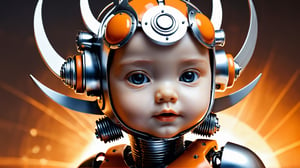 4k, masterpiece, (trendwhore style:1.4), ((head of a abstract cyborg baby)), head and body, stainless steel head, mecha pieces, robot parts, shattered reality, ((bursting light rays),   orange theme. sharp details. BREAK highest quality, detailed and intricate, original artwork, trendy, vector art, award-winning, artint, SFW, ,night city,DonMW15pXL