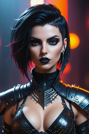 best quality, masterpiece, beautiful and aesthetic, 16K, ( (vibrant color:1.4), (Bright and intense:1.2), black goth girl assassin, (facing the camera:1.2), medium breast, (filigree armor:1.1) nipples sexy erotic lingerie, cyberpunk, bladerunner, Sauron, pouty lips, highly detailed,, foggy, realistic, 8k, unreal engine, cinematic, , femme fatale, cinematic lighting, Black background, Studio lighting, professional photography