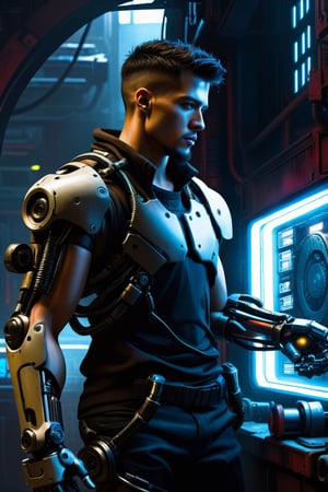 man with mechanical arm, grimdark, detailed background, high quality, masterpiece, digital painting, cyberpunk 
