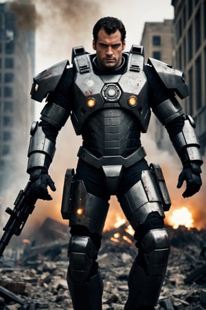 cinematic film still, darkly moody professional photograph, (man in intricately detailed heavy duty mech suit, pistons, armor plating, heavy weapons:1.4) , black hair, stubble, grim expression, (dirty face:1.4), (henry cavill|hugh jackman:1.3), (sweaty, dirty, filthy, dried blood:1.3), (explosions, ruined futuristic city, fighting everywhere, rubble, scorch marks, bullet holes:1.5), dynamic angle, professional, moody cinematic lighting, highly detailed, high budget, bokeh, cinemascope, moody, epic, gorgeous,