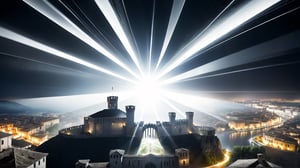 4k, masterpiece, Italian castle city, (trendwhore style:1.4), abstract art, abstract light rays, abstract  ((bursting light rays),   silver theme. sharp details. BREAK highest quality, detailed and intricate, original artwork, trendy, vector art, award-winning, artint, SFW, ,night city,DonMW15pXL,itacstl