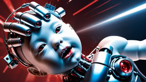 4k, masterpiece, (trendwhore style:1.4), ((head of a abstract cyborg baby)), head and body, stainless steel head, mecha pieces, robot parts, shattered reality, ((bursting light rays),   red theme. sharp details. BREAK highest quality, detailed and intricate, original artwork, trendy, vector art, award-winning, artint, SFW, ,night city,DonMW15pXL