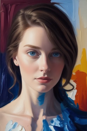 impressionistic realism by csybgh), a gorgeous slavic ginger, very busty, pretty face with strong facial bone structure, wears floral dresses, loves the mountains, lovely blue eyes, cultured lady that loves to read and paint, she is young talented and curious, slightly chubby, masterpiece, 8k, hyper detailed, impasto painting, rough brushwork, palette knife painting, visible canvas texture