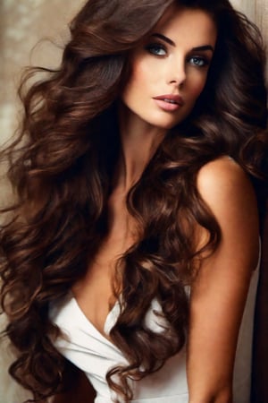 beautiful brunette hair woman, long wavy hair, cleavage