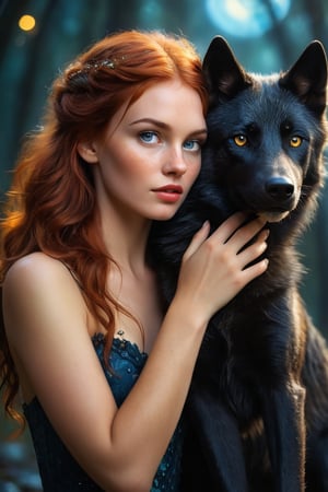 (best quality, masterpiece, colorful, dynamic angle, highest detailed) upper body photo, fashion photography of cute, freckled vixen, holding a black wolf, (ultrahigh resolution textures), in dynamic pose, bokeh, glowing web, (intricate details, hyperdetailed:1.15), detailed, moonlight passing through hair, perfect night, fantasy background, (official art, extreme detailed, highest detailed), HDR+