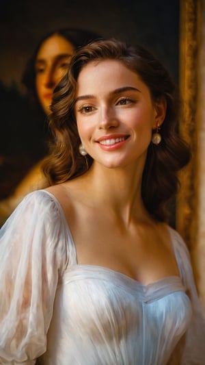 beautiful woman, long white wavy dress with nature and soft ornaments, fairly showing its beautiful skin. blushed cheeks, medium breast, natural face, fantasy, mature, pretty woman, high fantasy, smiling, happy, art by wlop, facing in front (portrait close-up), renaissance painting, 

8k, cinematic lighting, very dramatic, very artistic, soft aesthetic, innocent, art by john singer sargent, greg rutkowski, oil painting, Camera settings to capture such a vibrant and detailed image would likely include: Canon EOS 5D Mark IV, Lens: 85mm f/1.8, f/4.0, ISO 100, 1/500 sec,hdsrmr,Movie Still,robert de niro,sad