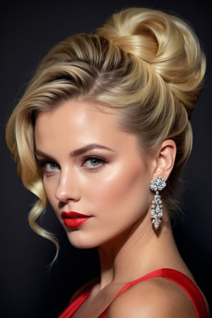 (((iconic but extremely beautiful 35 year old woman, blonde updo hair, head to thigh view))), (((Solid full colors))), (((Chiaroscuro darkness light background))), (((intricate details,masterpiece,best quality,hyperrealistic, photorealistic))), (((by dave carsonstyle)))