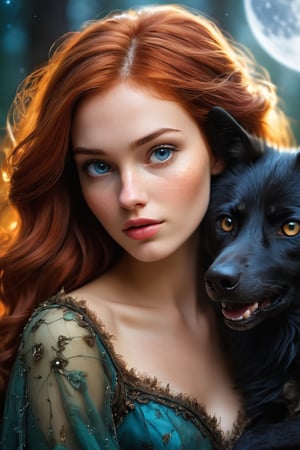(best quality, masterpiece, colorful, dynamic angle, highest detailed) upper body photo, fashion photography of cute, freckled vixen, holding a black wolf, (ultrahigh resolution textures), in dynamic pose, bokeh, glowing web, (intricate details, hyperdetailed:1.15), detailed, moonlight passing through hair, perfect night, fantasy background, (official art, extreme detailed, highest detailed), HDR+
