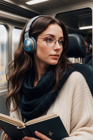 (impressionistic realism by csybgh), a portrait of a lovely woman with brown wavy hair and stunning blue eyes, reading a book whilst riding on the train, ((she has black colored wireless headphones on)), and is wearing glasses, wearing a comfortable cotton shawl wrapped around her neck that is colored white with brown leaf patterns, she is shy and nerdy but has the facial structure of a supermodel, masterpiece, 8k, hyper detailed, impasto painting, rough brushwork, palette knife painting, visible canvas texture