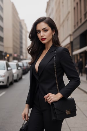 (Editorial Medium full body shot:1.2), (face in frame), (Best quality, 8k, 32k, Masterpiece, UHD:1.2), Medium body shot raw photography, medium body shot, Hyper realistic image of a young female lawyer's face with confident eyes, wearing an elegant black pantsuit with a white blouse, standing on a city street holding a leather briefcase, (RAW photo, extremely detailed ultra high quality masterpiece, detailed hands, detailed face, detailed eyes, detailed fingers:1.2), elegant makeup, red lipstick, high heels, tailored stylish lawyer outfit, seductive