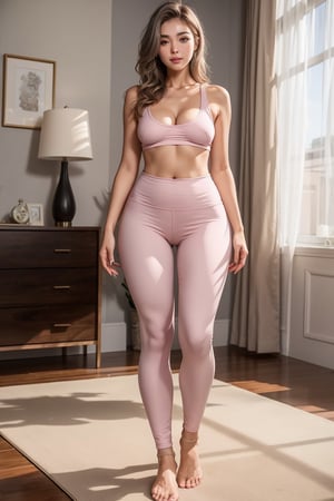 (((sfw))), 25yo woman, brunette-silver hair, smirk, (((head to thigh view, wide hips, slender body, small breast))), Enhance,Read Description!,sagging breasts, yoga pants (((very tight on legs))) (((pink yoga pants)),luxury home