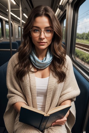 (impressionistic realism by csybgh), a portrait of a lovely woman with brown wavy hair and stunning blue eyes, reading a book whilst riding on the train, wearing glasses, wearing a comfortable cotton shawl wrapped around her neck that is colored white with brown leaf patterns, she is shy and nerdy but has the facial structure of a supermodel, masterpiece, 8k, hyper detailed, impasto painting, rough brushwork, palette knife painting, visible canvas texture