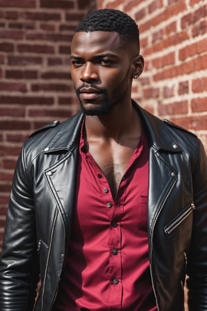 raw photo, close-up, punk band cover, red brick wall, red theme, a brutal beautifully handsome black man, 30 years old, (manly, wide jaw:1.2), leather jacket, red shirt, (vibrant colors:0.9),