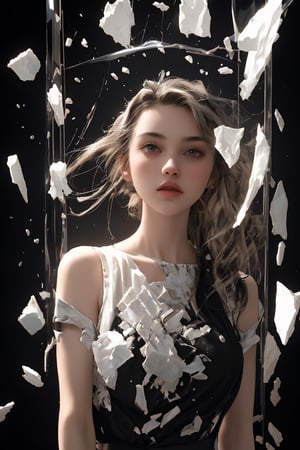 made of glass beautiful porcelain woman breaks apart into small pieces (black background, rimlight) billions of glass fragments hanging in the air around, a masterpiece, 3d visualization, industrial design, fashion, techno fashion, reflection gloss, sharpness, cracks