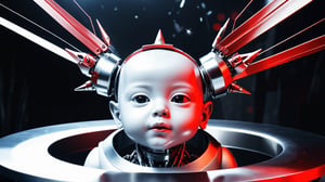 4k, masterpiece, (trendwhore style:1.4), ((head of a abstract cyborg baby)), head and body, stainless steel head, mecha pieces, robot parts, shattered reality, ((bursting light rays),   red theme. sharp details. BREAK highest quality, detailed and intricate, original artwork, trendy, vector art, award-winning, artint, SFW, ,night city,DonMW15pXL