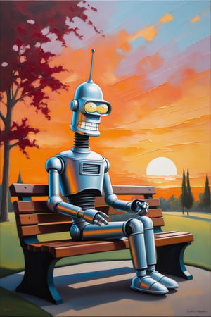 Bender, the lovable robot from Futurama, is depicted in an impressionist painting. The painting has rough, textured surfaces, adding a tactile dimension to visual exploration. Bender is shown in a scene where he is sitting on a park bench, watching the sunset. The sky is painted in bold, swirling brushstrokes, with deep oranges and reds. Bender's metallic body is painted in a more realistic style, with intricate details and shadows. The painting has a sense of movement and energy, with the brushstrokes conveying a sense of motion and emotion. The overall effect is both visually stunning and tactilely engaging, inviting the viewer to explore the painting with their eyes and their hands.