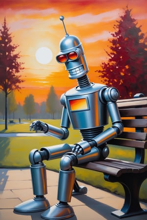 Bender, the lovable robot from Futurama, is depicted in an impressionist painting. The painting has rough, textured surfaces, adding a tactile dimension to visual exploration. Bender is shown in a scene where he is sitting on a park bench, watching the sunset. The sky is painted in bold, swirling brushstrokes, with deep oranges and reds. Bender's metallic body is painted in a more realistic style, with intricate details and shadows. The painting has a sense of movement and energy, with the brushstrokes conveying a sense of motion and emotion. The overall effect is both visually stunning and tactilely engaging, inviting the viewer to explore the painting with their eyes and their hands.