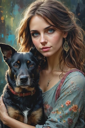 half body, a woman with her best friend her dog, dark complex background, style by Thomas Kinkade+David A. Hardy+Carne Griffiths+Mandy Disher half vivid colors fine art, best quality, high detailed, detailed faces, 2d,