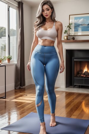 (((sfw))), 35yo woman, brunette-silver hair, smirk, (((head to thigh view, wide hips, slender body, small breast))), Enhance,Read Description!,sagging breasts, (((blue yoga pants))), luxury home,