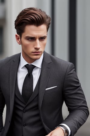  stylish well dressed man, wearing a business suit, clothed, clothing, fully clothed, bottomwear, black pants, topwear, tie, suit jacket, short brown hair, serious face, masculine, 