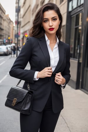big breast, (Editorial Medium full body shot:1.2), (face in frame), (Best quality, 8k, 32k, Masterpiece, UHD:1.2), Medium body shot raw photography, medium body shot, Hyper realistic image of a young female lawyer's face with confident eyes, wearing an elegant black pantsuit with a white blouse, standing on a city street holding a leather briefcase, (RAW photo, extremely detailed ultra high quality masterpiece, detailed hands, detailed face, detailed eyes, detailed fingers:1.2), elegant makeup, red lipstick, high heels, tailored sexy lawyer outfit, seductive 