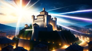 4k, masterpiece, Italian castle city, (trendwhore style:1.4), abstract art, abstract light rays, abstract  ((bursting light rays),   pastel theme. sharp details. BREAK highest quality, detailed and intricate, original artwork, trendy, vector art, award-winning, artint, SFW, ,night city,DonMW15pXL,itacstl