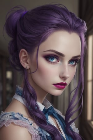 beautiful detailed portrait, cute 19 year old schoolgirl, long lush purple hair, ponytail, blue hairpin, book in hand, frowning, beautiful detailed face, dark expressive eyes, pink lipstick, glamorous, best quality, extemely detailed