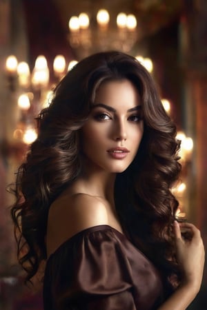 Generate hyper realistic image of a beautiful woman with hair resembling rich, velvety chocolate. Picture her standing in a dreamlike setting, surrounded by soft, ethereal lighting that accentuates the luscious chocolate tones of her hair. The dreamy atmosphere enhances her beauty, creating a captivating scene that transports viewers to a Spanish castle.,itacstl