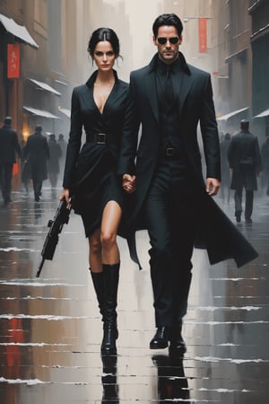 matrix style best quality,highest-quality,, masterpiece image,, christmas by andre kohn inspired by The Matrix,keanu reeves,Carrie-Anne Moss