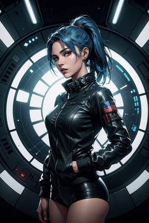 (masterpiece, highest quality, illustration), sci-fi, futuristic, upper body, solo, woman, blue hair, ponytail, grey eyes, small breasts, futuristic leather jacket, techwear, facing the viewer, standing, space, cinematic lighting