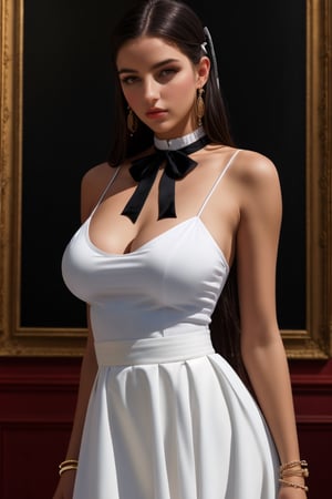 (RAW photo, best quality), (realistic, photo-Realistic:1.1), best quality, masterpiece, beautiful and aesthetic, 16K, head to thigh portrait, white bracelet, white dress shirt, black neck ribbon, black high-waist skirt, a beautiful Spanish girl, ,giant breasts,sakimichan