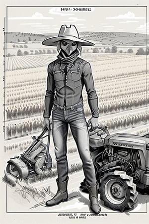 draft, outline, monochrome,  reference sheet, drawing a scarecrow with jeans and tractor and cornfield. 