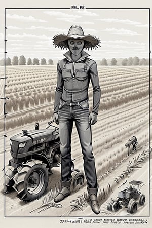 draft, outline, monochrome,  reference sheet, drawing a scarecrow with jeans and tractor and cornfield. 