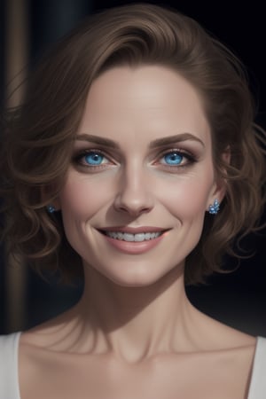 sfw, beautiful detailed portrait, a beautiful mature feisty woman, short messy hair, high-tech, beautiful expressive eyes, delicate round face, delicate nose, lush lips, confident grin, beautiful top, sci-fi, best quality, extemely detailed
