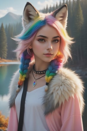 1girl, furry girl, anime furry women, ((best quality)), ((masterpiece)), ((realistic)), (detailed), portrait, close up, young female, RAW photo, uhd, dslr, rainbow hair, high quality, realistic, photo realistic, dreamlikeart, lens flare, upper body, looking at viewer, animal focus, furry, wolf fursuit, 1girl, cute, kawaii, lovely, fur, fur head, wolf head, narrow waist, wolf ears, chocker with rope, blush, paw, paw shoes, rainbow clothes, stunning gradient colors, no watermark signature, detailed background, woods, small lake with island, insanely detailed, ((masterpiece)), absurdres, HDR