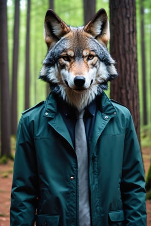 Horror-themed wolf head in a jacket in a forest, wolf fursona, anthropomorphic wolf male, photo of wolf, anthropomorphic wolf, wolf like a human, furry fursona, an anthropomorphic wolf, half man half wolf, fursuit, anthropomorphic, tall emaciated man wolf hybrid, fursona, . Eerie, unsettling, dark, spooky, suspenseful, grim, highly detailed