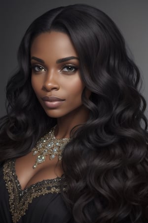 beautiful detailed portrait, a beautiful 30 year old black female, long wavy brunette