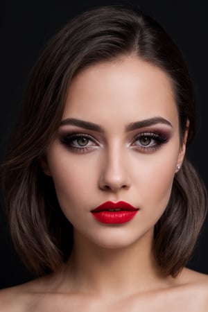 1girl,black background,forehead,grey eyes,lips,long hair,looking at viewer,makeup,mole,nose,portrait,realistic,red lips,Raw photo,8k,realistic skin details,realistic hair details,perfect skin,8k uhd,dslr,high quality,