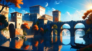 4k, masterpiece, Italian castle city, water, bridges, trees, (trendwhore style:1.4), abstract art, abstract sunlight, abstract   orange and blue theme. sharp details. BREAK highest quality, detailed and intricate, original artwork, trendy, vector art, award-winning, artint, SFW, ,night city,DonMW15pXL,itacstl