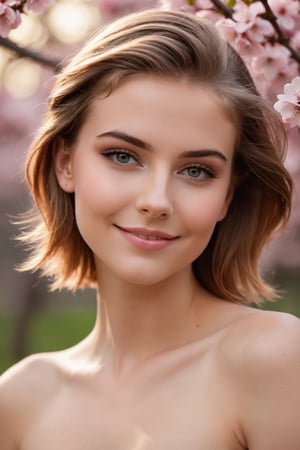 award winning photography of a stunningly beautiful naked 19-year-old girl, head tilt, tilting the head with a coy smile, conveying playfulness and charm, steel gray eyes, edgy makeup , copper slicked-back hair hair, affection, soft lighting, gentle, diffused light that wraps the characters in a warm and dreamy glow, in a blooming cherry blossom grove, with delicate pink petals floating in the breeze, remarkable color, ultra realistic, shot with cinematic camera 