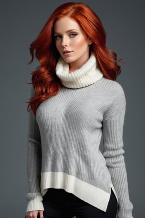 sfw, ((full body)), Generate hyper realistic image of a captivating woman with cascading red hair,  Dressed in a cozy turtleneck sweater with long sleeves, she exudes an air of sophistication, ,p3rfect boobs