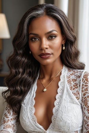 Create a hyper-realistic head to thigh image of a stunning beautiful african woman with deep brown skin, pointed nose, glossy lipstick, long brunette-grey hair, 30 year old mature woman, in a living room, intricate makeup highlighting her sharp features. smirk, high cheekbones, She is wearing a white lace seethrough top, white choker, jewellery, The overall aesthetic is sophisticated and modern, emphasizing her poised and confident demeanor. 8k resolution, Kodak gold 400. long brunette wavy hair,