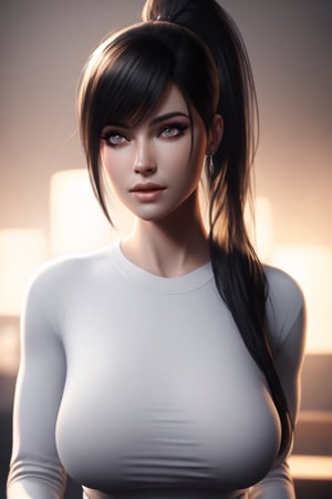 (ultra realistic,32k, masterpiece:1.2),(high detailed skin:1.1),( 8k uhd, dslr, high quality:1.1), 1girl, black hair, ponytail and bangs,(white tight long top, long sleeves:1.1),, , , (red lips:0.8), (mascara:1.1),(huge breast:0.9), (looking at viewer, Bend forward:1.1) ,(ambient lighting:1.1),blank background